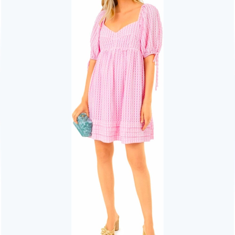 Pink Eyelet Puff-Sleeve Mini Dress
